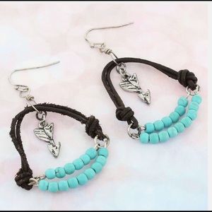 Feather Leather Drop Turquoise Bead Earrings NEW